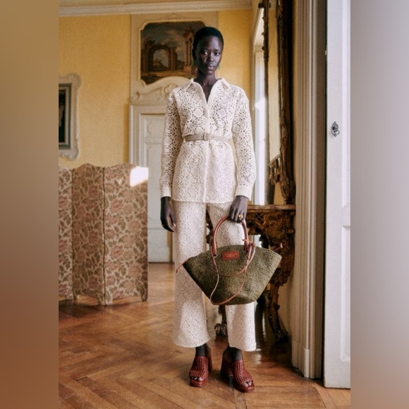 NWT Sezane Fausto Cotton Crochet Lace Knit Wide Leg Trousers Pants Ecru - Picture 4 of 13